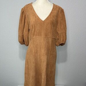Ces Femme Tan V-Neck Puff Sleeve Midi Dress Large
